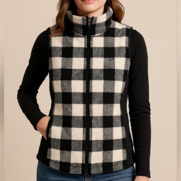 Chaps Jackets & Blazers - Chaps Fleece Buffalo Plaid High Zipper Neck Vest Black White Small